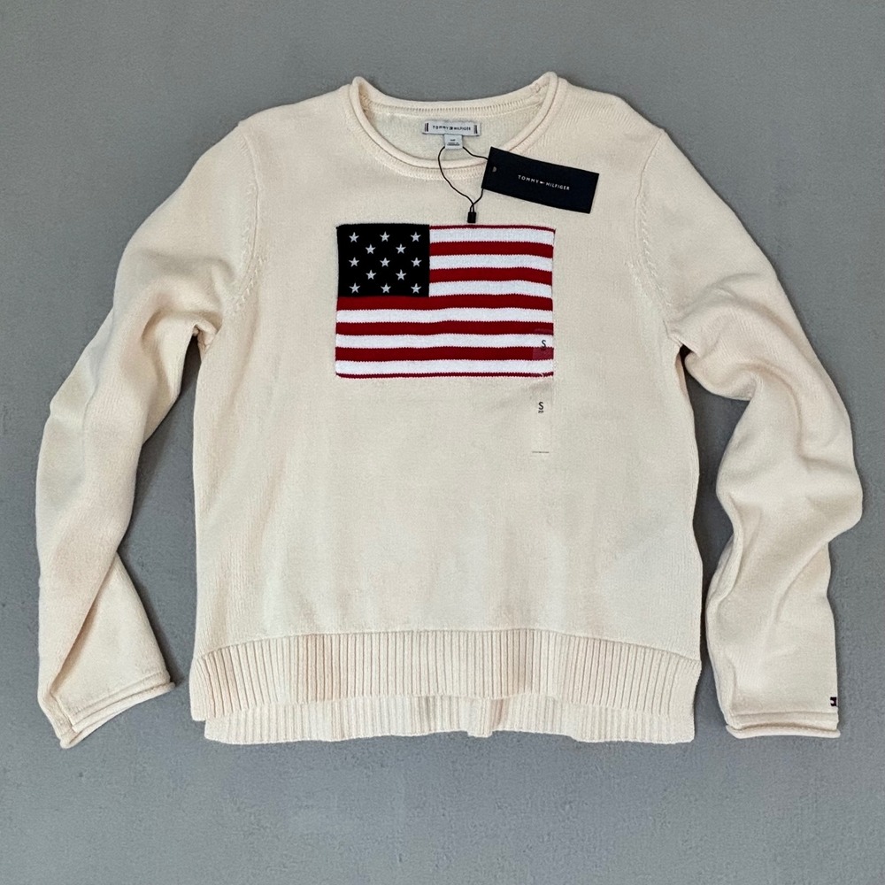 Tommy Hilfiger Womens American Flag Crewneck Sweater Cream XW07858 250 AEF S